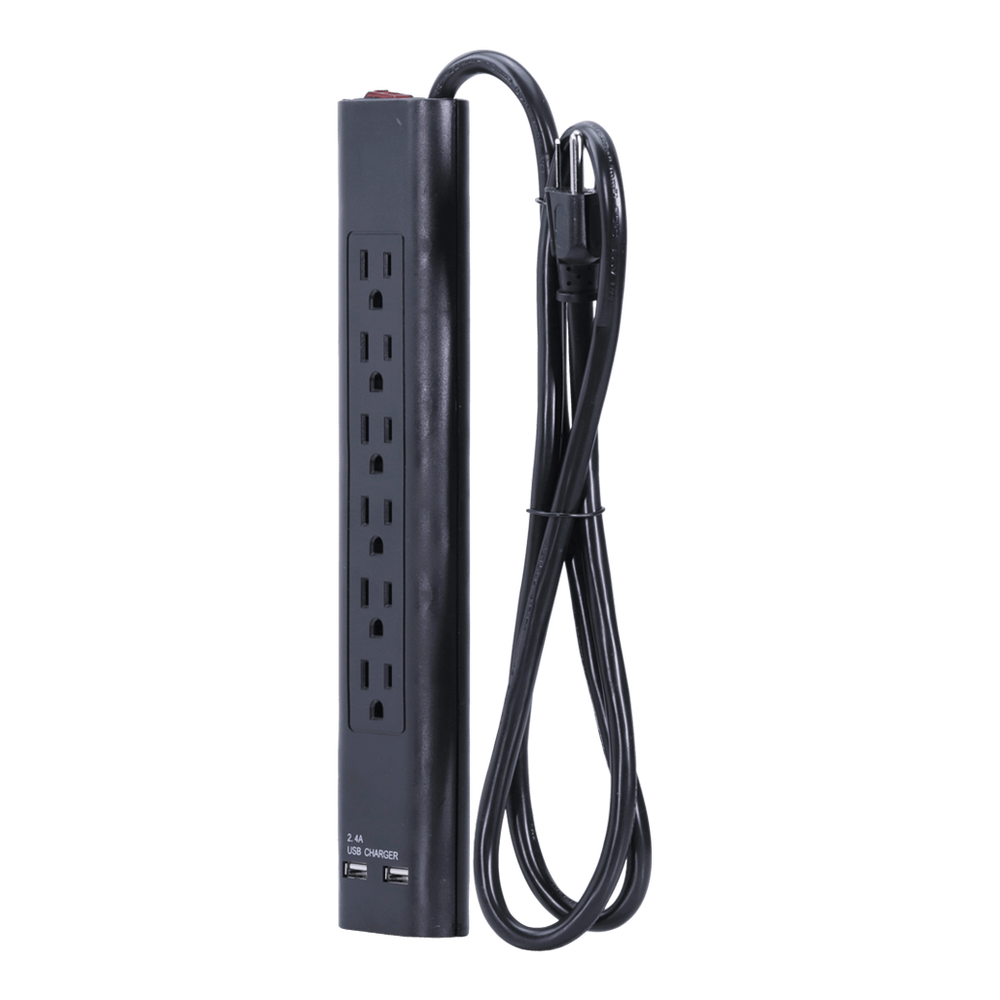 GE 7-Outlet 2 USB Ports Surge Protector, 3 Ft. Cord, Black