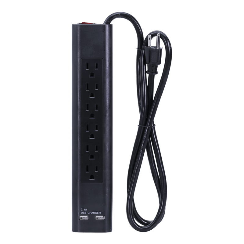 6 Outlet Surge Protector, 300-Joule, 2 USB Ports, White or Black - 4 Foot Cord