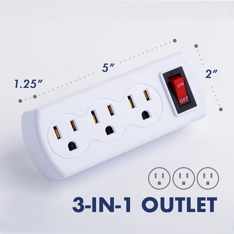 Grounded Triple Plug Outlet On/Off Power Switch, ETL Listed, White